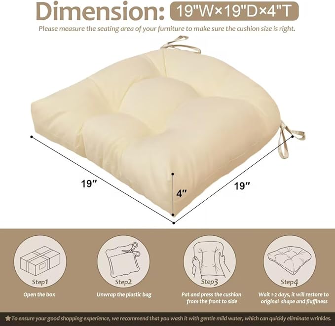Outdoor Chair Cushions Set of 2, 19"x19" Tufted Outdoor Seat Cushions, Waterproof Patio Furniture Cushions,Beige