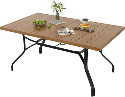 Outdoor Patio Table with 1.57" Umbrella Hole, 60"x35" Outdoor Dining Table Wood-Like Texture, All-Weather Metal Frame Patio Dining Tables for Poolside, Deck, Proch