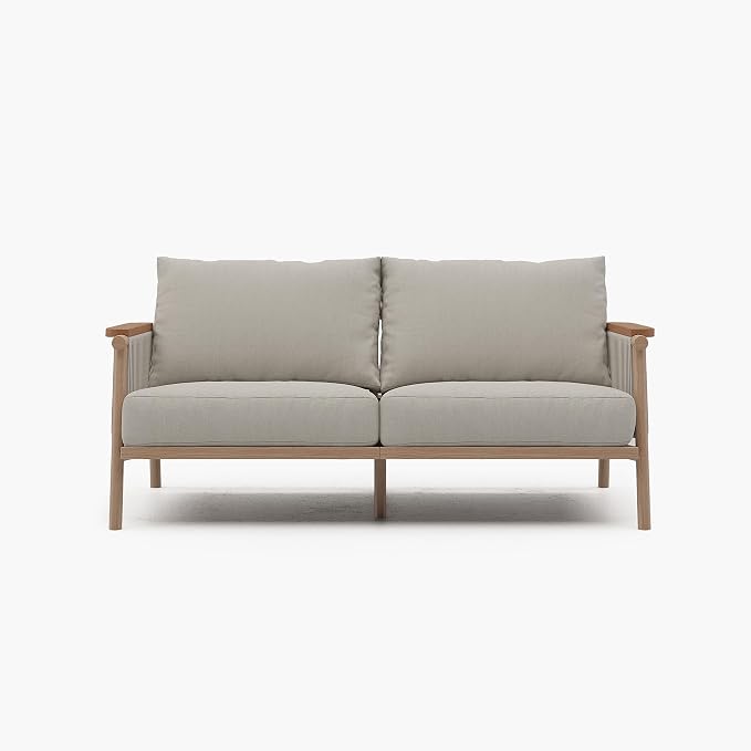 Acanva Modern All-Weather Aluminum Outdoor Patio Sofa with Thick Cushions, Olefin Fabric Sunroom Backyard Furniture, Loveseat Light Khaki