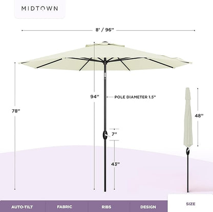 Midtown Umbrellas – The Lean 8 Ft Patio Umbrella with 10-Year-No-Fade Acrylast Acrylic Fabric, Auto-Tilt and 8 Reinforced Ribs for Deck, Pool, Garden, Hotel & Cafes – Canvas Cream Canopy, Black Pole