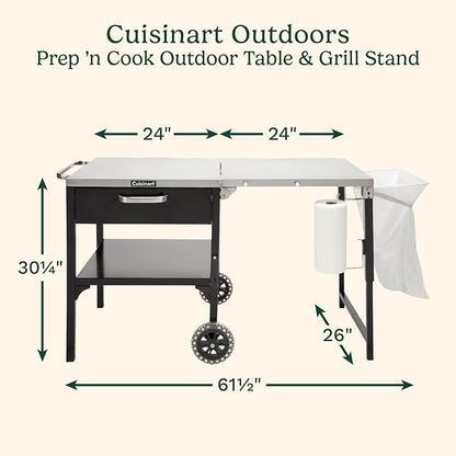 Cuisinart Prep ‘n Cook Outdoor Table and Grill Stand, Stainless Steel Folding Table with Wheels, 48” x 24” Prep Station for Home BBQ, Tailgates, Cookouts