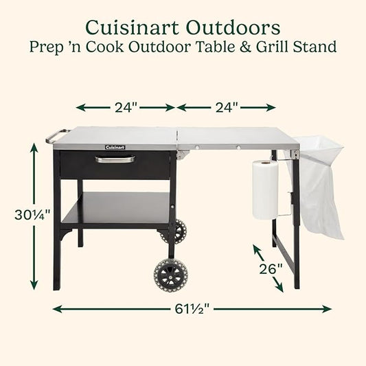 Cuisinart Prep ‘n Cook Outdoor Table and Grill Stand, Stainless Steel Folding Table with Wheels, 48” x 24” Prep Station for Home BBQ, Tailgates, Cookouts