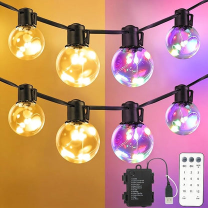 Outdoor String Lights Battery Operated,22ft 20 G40 LED Patio Bulbs | Warm White & Multi,Dimmable,Remote,Timer,Waterproof Hanging Globe Bulb Shatterproof,Backyard Balcony Bistro Christmas Decor