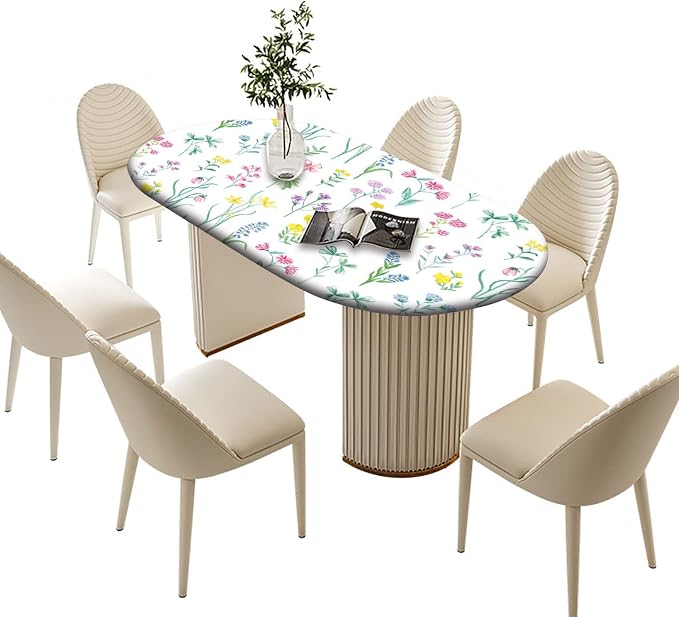 Spring Flowers Oval Fitted Tablecloth, Purple Lavender and Pink Floral Elastic Edged Table Cover, Fits to 60x84 In Tables, Table Cloths for Outdoor Picnic Camping and Indoor Kitchen Dining Party Use