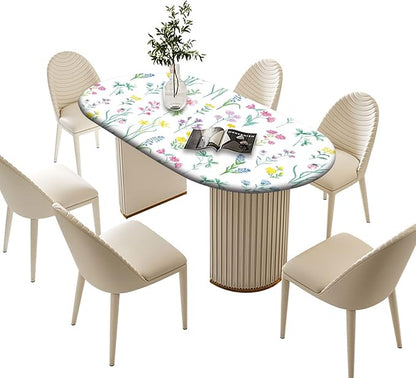 Spring Flowers Oval Fitted Tablecloth, Purple Lavender and Pink Floral Elastic Edged Table Cover, Fits to 52x70 In Tables, Table Cloths for Outdoor Picnic Camping and Indoor Kitchen Dining Party Use
