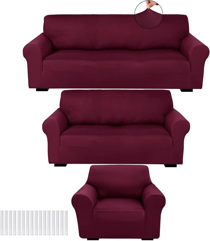 Peryiter 3 Pcs Couch and Loveseat Sofa Covers,Burgundy,Milk Silk | Armchair Covers for Living Room, Sofa Cushion Slipcover, Furniture Protector, Polyester and Spandex, Washable