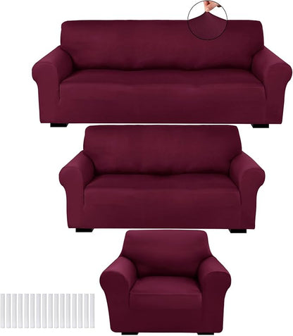 Peryiter 3 Pcs Couch and Loveseat Sofa Covers,Burgundy,Milk Silk | Armchair Covers for Living Room, Sofa Cushion Slipcover, Furniture Protector, Polyester and Spandex, Washable