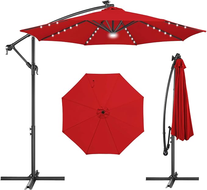 10 ft Solar Patio Umbrella Cantilever with Centre Light, Red | 40 LED Lights, UV Protection, Large Offset Patio Umbrella Outdoor for Garden, Deck, Backyard, Pool, Porch, Provides Shade
