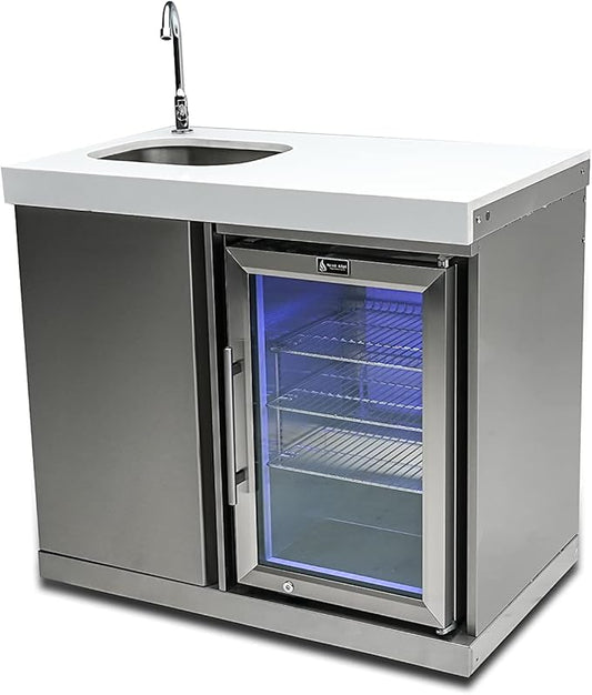 Mont Alpi 38"W x 23"D x 46"H Stainless Steel Beverage Center with Faucet & Sink + 2.7 Cu. Ft. Outdoor Refrigerator Lockable Wine Cooler & Accent Lighting + 3 Adjustable Shelves & Base Storage Cabinet