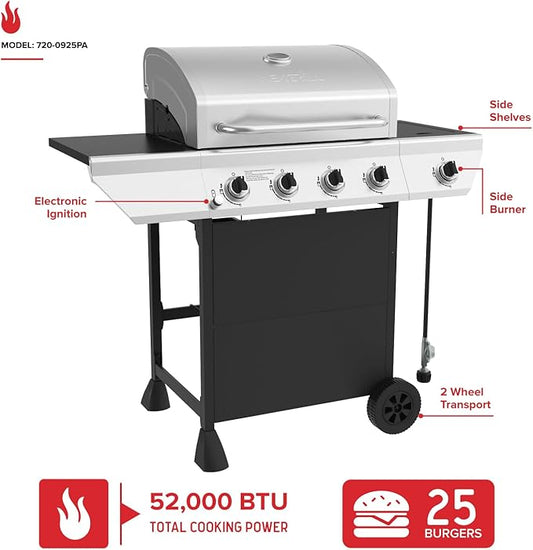 Nexgrill 4-Burner Propane Gas Grill with Side Burner, 52,000BTUs, 562 SQ. In. Cooking Space, BBQ Grill with Stainless Steel Lid & Control Panel for Outdoor Cooking, Patios, and More - 720-0925PA
