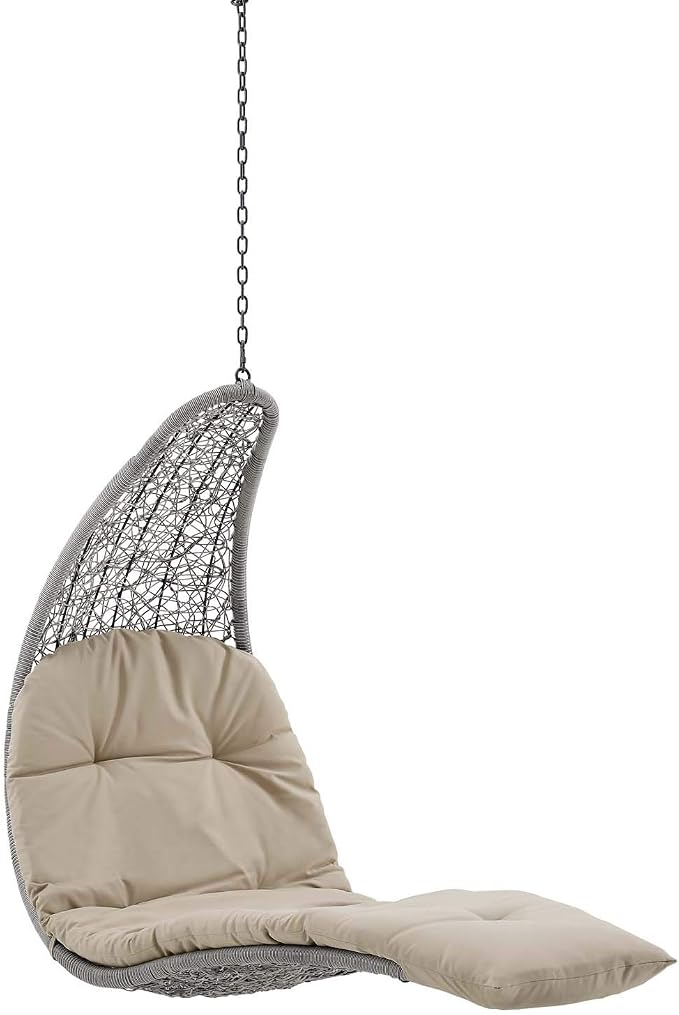 Modway Landscape Wicker Rattan Outdoor Patio Porch Chaise Lounge Hanging Swing Chair in Light Gray, Beige