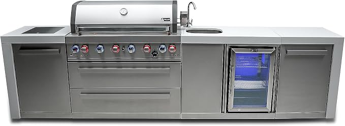 Mont Alpi Deluxe 132"W x 23"D x 46"H Stainless Steel Outdoor Kitchen Island with Refrigerator + 44"W 6-Burner BBQ Grill + Faucet and Sink + Granite Countertops + Storage Cabinets + Rotisserie + Cover