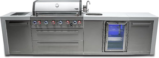 Mont Alpi Deluxe 132"W x 23"D x 46"H Stainless Steel Outdoor Kitchen Island with Refrigerator + 44"W 6-Burner BBQ Grill + Faucet and Sink + Granite Countertops + Storage Cabinets + Rotisserie + Cover