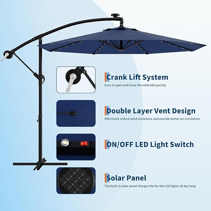 15FT Outdoor Patio Umbrella,Double-Sided Rectangle Market Umbrella with 36 LED Solar Lights & Base,UV50+ Weather-Resistant Oversized Outdoor Umbrella,Crank Lift,3-Way Shade for Pool,Garden,Backyard