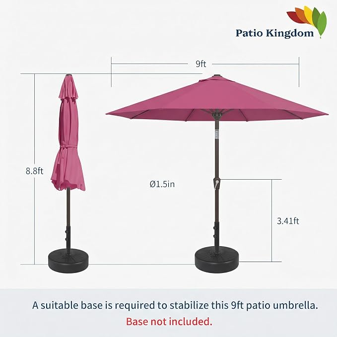 9FT Patio Umbrella Outdoor Table Umbrella w/Push Button Tilt and Crank, 8 Sturdy Ribs, UV Resistant Waterproof Market Umbrella for Pool, Deck, Backyard, Garden, Rose Pink