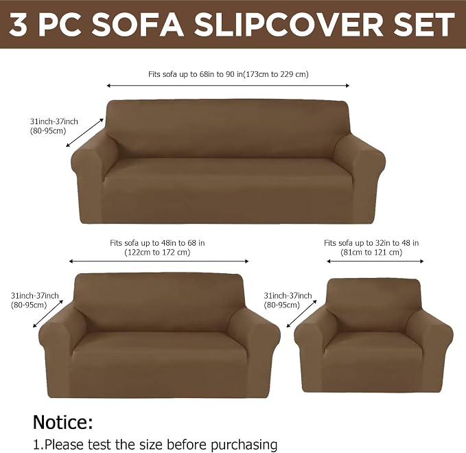 Peryiter 3 Pcs Couch and Loveseat Sofa Covers,Chocolate,Milk Silk | Armchair Covers for Living Room, Sofa Cushion Slipcover, Furniture Protector, Polyester and Spandex, Washable