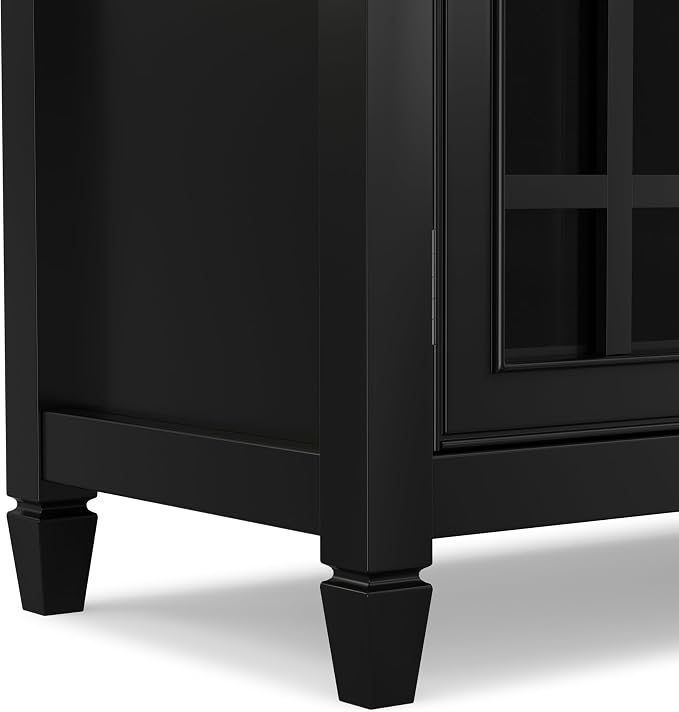 SIMPLIHOME Connaught 60" Wide Solid Wood Buffet Cabinet in Black | Traditional sideboard with glass doors, adjustable shelves and notched legs for the dining room, entryway or living room.