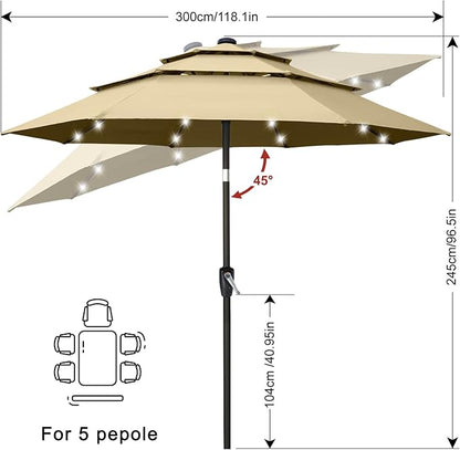 ABCCANOPY 3-Tiers 10FT Solar Patio Umbrella, Outdoor Umbrella with 32 LED Lights for for Deck, Pool, Garden, Backyard (Khaki)