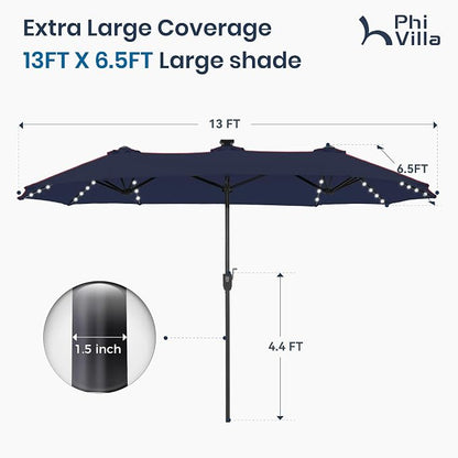 PHI VILLA 13ft Patio Umbrella w/ 120 PCS Color Changing Solar Lights, Navy | Outdoor Triple-Head Large Rectangle/Rectangular Solar-powered Market Table Umbrellas, w/ Crank Lift, for Poolside(No base)