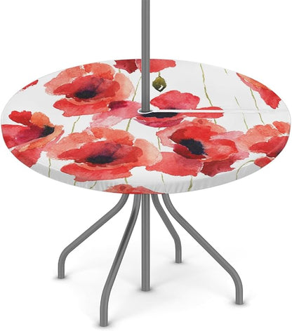 Fitted Round Tablecloth with Umbrella Hole and Zipper Red Flowers Outdoor Elastic Table Cloth 45"-56" Oil-Proof Waterproof Floral Patio Table Cover for Picnic Party
