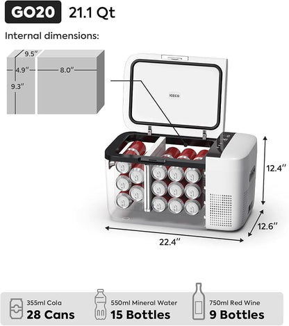 ICECO GO20 21 Quart/20 Liter Dual Zone 12 Volt Refrigerator, Portable Refrigerator with Secop Compressor, Electric Cooler, DC & AC, 0℉ - 50℉, Compressor Cooler for Outdoor, White