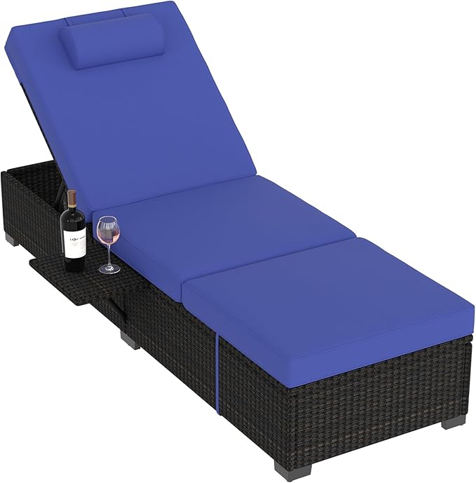 PeakPursuit Patio Lounge Chairs,Outdoor PE Wicker Chaise Lounge Set of 2,Chaise Lounge Chair Outdoor，Pool Furniture,Brown Rattan Recliners with Adjustable Backrest,Storage Table,Royal Blue