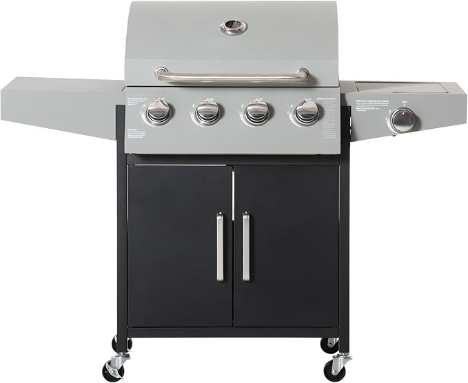 Outsunny 4 Burner Propane Gas Grill with Side Burner, 48,000 BTU Steel Outdoor Barbecue Grill with Cabinet, Shelf, Warming Rack, Thermometer, Wheels, Silver