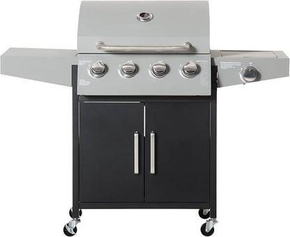 Outsunny 4 Burner Propane Gas Grill with Side Burner, 48,000 BTU Steel Outdoor Barbecue Grill with Cabinet, Shelf, Warming Rack, Thermometer, Wheels, Silver
