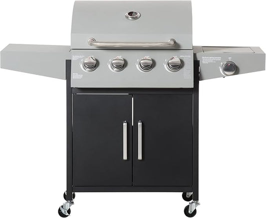 Outsunny 4 Burner Propane Gas Grill with Side Burner, 48,000 BTU Steel Outdoor Barbecue Grill with Cabinet, Shelf, Warming Rack, Thermometer, Wheels, Silver