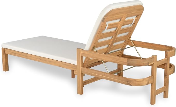 Christopher Knight Home Kayas Acacia Wood Chaise Lounge with Adjustable Backrest, 77.5" Outdoor Sun Lounger with Cushion, Modern Patio Lounger Recliner Chair for Poolside Lawn, Light Teak+Cream,1PCS