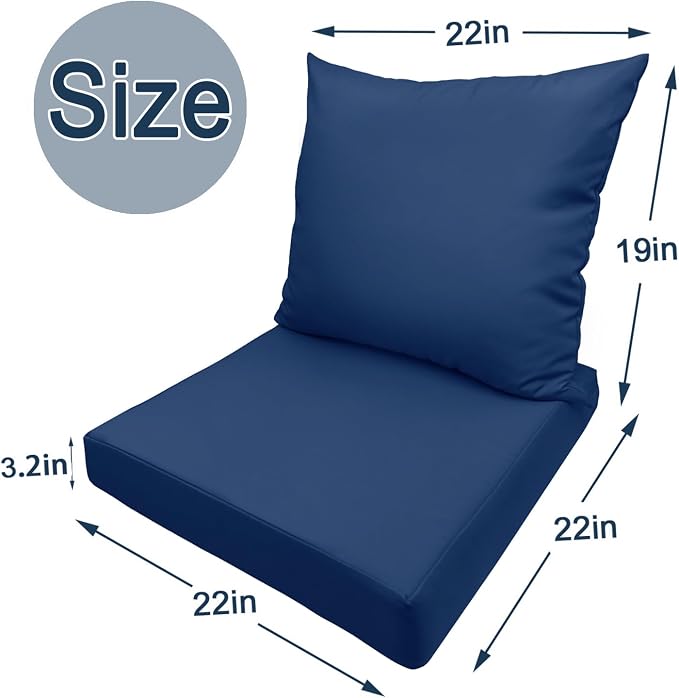 Bcareself Outdoor Deep Seat Cushion Set Waterproof & Fade Resistant Patio Furniture Cushions with Removable Cover Adjustable Straps Rain-Proof Seat Pad & Back Cushion for Chair Sofa Porch 22 x 22 Blue