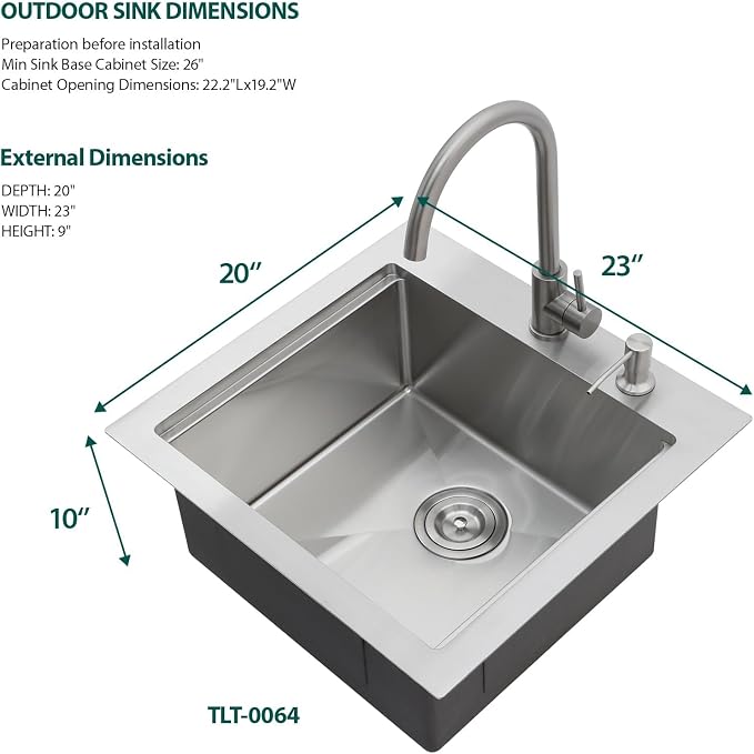 23 Inch Outdoor Kitchen Sink with Faucet - Drop In Workstation 16 Gauge T-304 Stainless Steel Single Bowl Topmount Outdoor Sink with Stainless Steel Dust-Proof Cover #TLT-0064