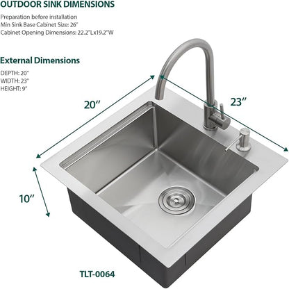 23 Inch Outdoor Kitchen Sink with Faucet - Drop In Workstation 16 Gauge T-304 Stainless Steel Single Bowl Topmount Outdoor Sink with Stainless Steel Dust-Proof Cover #TLT-0064