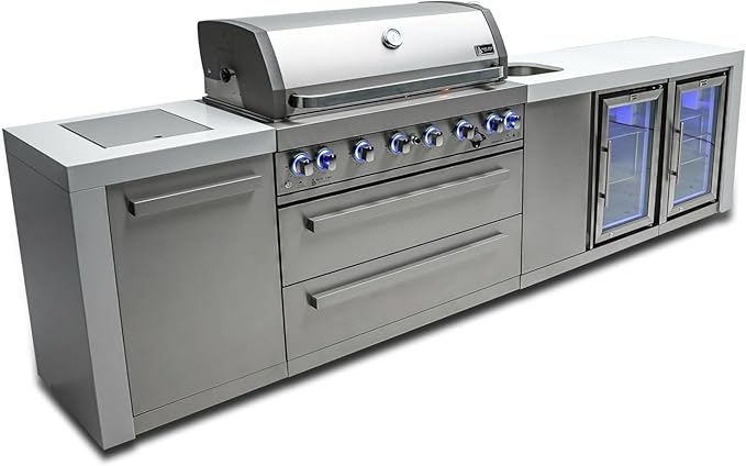 Mont Alpi Premium 132"W x 23"D Deluxe Stainless Steel Modular Outdoor Kitchen Island + 2 Refrigerators + Beverage Center Faucet & Sink + 44"W 6-Burner BBQ Grill + Granite Countertops + Storage + Cover