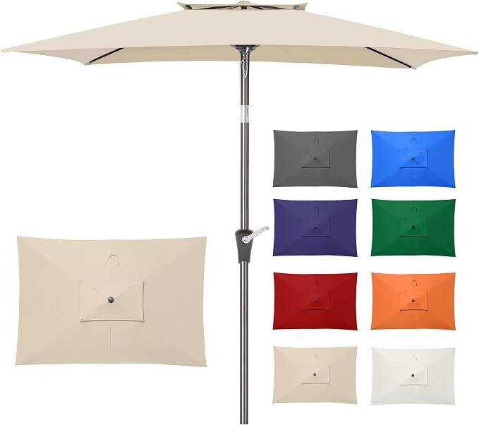 6.6 x 10 ft Rectangular Patio Umbrella, Outdoor Market Table Umbrella with Push Button Tilt and Crank, Double-Tier Vent, 6 Ribs, Rectangle Patio Umbrella for Backyard, Deck, Pool, Fits 4–6 Chairs and Tables (Beige)