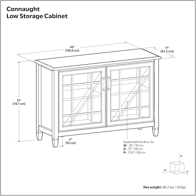 SIMPLIHOME Connaught 46" Wide Solid Wood Low Cabinet in Antique White | Traditional low console cabinet with glass doors and storage shelves for the living room, entryway or dining room.