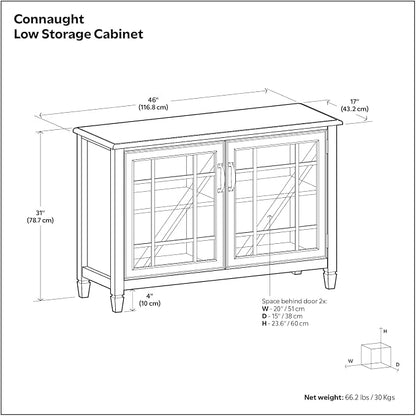 SIMPLIHOME Connaught 46" Wide Solid Wood Low Cabinet in Antique White | Traditional low console cabinet with glass doors and storage shelves for the living room, entryway or dining room.