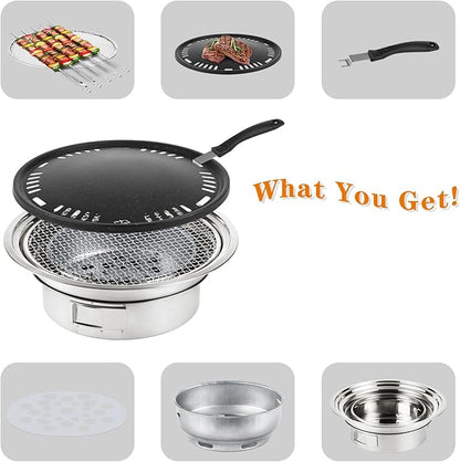 Portable Charcoal Grill, Tabletop Outdoor Barbecue, 13.7 Inches Non-Stick Korean BBQ Grill, Stainless Steel Small BBQ Grill for Outdoor Cooking Backyard Camping Picnics Beach