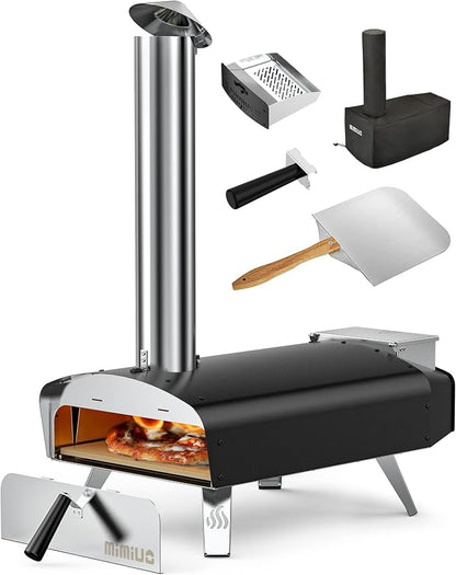 Mimiuo 12" Wood Pellet Pizza Oven Outdoor 35 Lbs – 60 Sec Bake, Stone/Peel | Heavy Duty, Portable, Complete Baking Tool with Stone, Peel & Cover, Easy Operation, for Backyard Party Outside Camping
