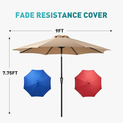 OLIXIS 9ft Patio Table Umbrella, Outdoor Patio Umbrella with Tilt for Pool | 9 Feet Patio Umbrella with Crank Button 8 Sturdy Ribs, Waterproof Sun Shade Umbrella for Market Beach Terrace Restaurant