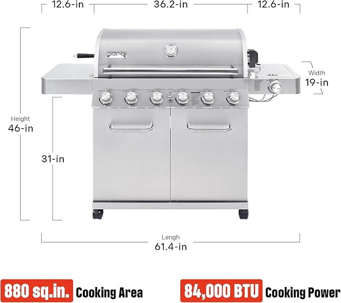Monument Grills 77352 6+1 Burner Stainless Steel Cabinet Style Propane Gas Grill with Knob Controls, Side Burner, Built-In Thermometer, and Rotisserie Kit