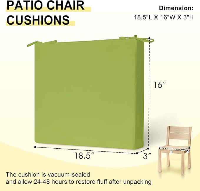 downluxe Outdoor Chair Cushions Set of 4 for Patio Furniture, Water-Resistant Square Corner Patio Chair Cushions with Ties, High Density Foam Outdoor Seat Cushion, 18.5" X 16" X 3", Sage Green