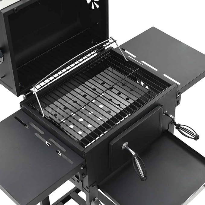 Charcoal BBQ Grill with Dual Side Tables, Outdoor Heavy Duty Barbecue Smoker with Integrated Thermometer, 2 Castors, Bottom Storage Shelf, Black