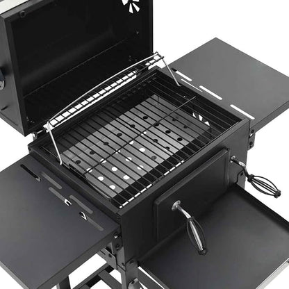 Charcoal BBQ Grill with Dual Side Tables, Outdoor Heavy Duty Barbecue Smoker with Integrated Thermometer, 2 Castors, Bottom Storage Shelf, Black
