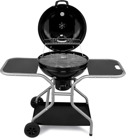 Kettle Charcoal Grill with 2 Side Tables, Storage Shelf, Upgraded Ash Catcher, Thermometer, Air Vents, Outdoor Cooking Barbecue Grill with Wheels