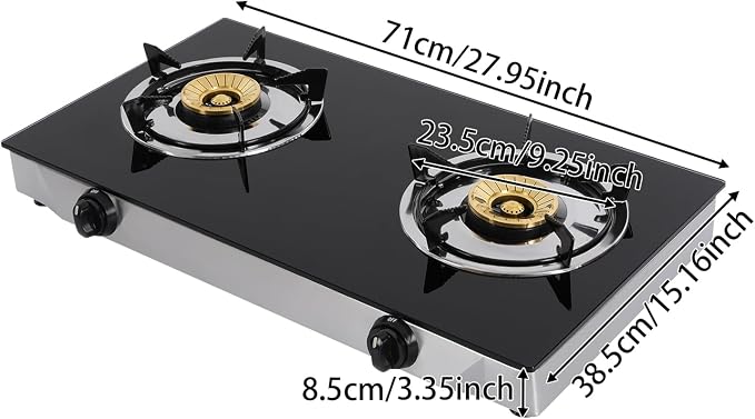 Gas Stove with 2 Burners, Portable Gas Stove with Independent Control, 2 Burners Gas Stove, Portable Tempered Glass Camping Burner, Countertop Gas Stove for Kitchen, Home and Commercial Use