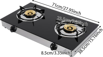 Gas Stove with 2 Burners, Portable Gas Stove with Independent Control, 2 Burners Gas Stove, Portable Tempered Glass Camping Burner, Countertop Gas Stove for Kitchen, Home and Commercial Use