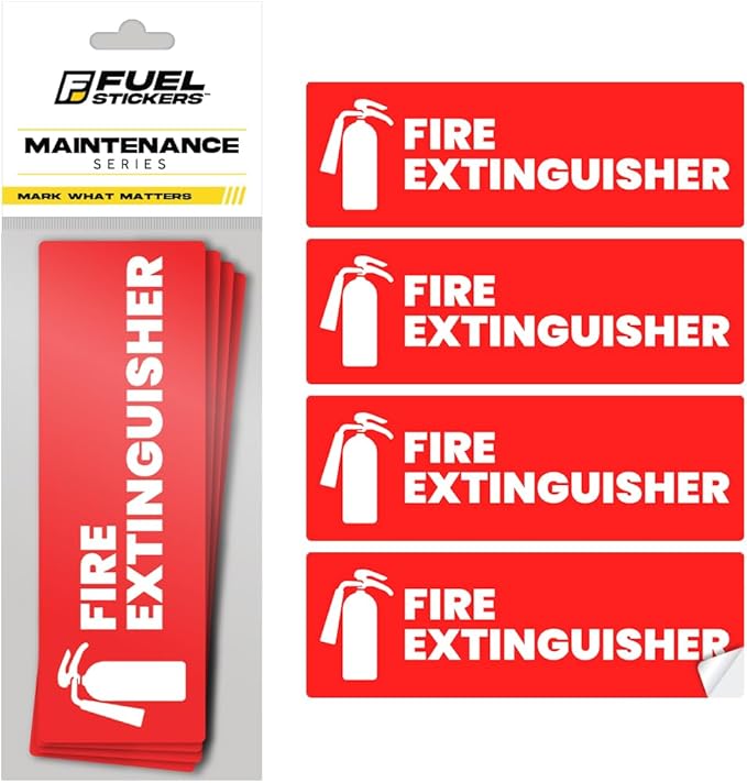 Fire Extinguisher Sticker for Business - Office, Commercial, Landlord (Short Term Rental) - High Visibility Fire Extinguisher Sign for Safety and Compliance. Size 6" x 2", 4 Labels