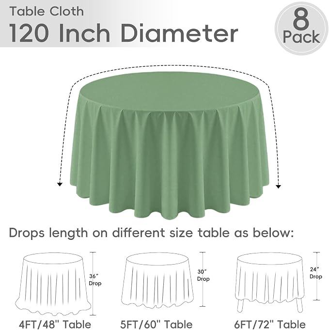 8 Pack Sage Green Round Tablecloth 120 Inch | For 4Ft-7Ft Round Table, Wrinkle Resistant Table Cloth, Washable Polyester Fabric, For Wedding Party Banquet Buffet Camping