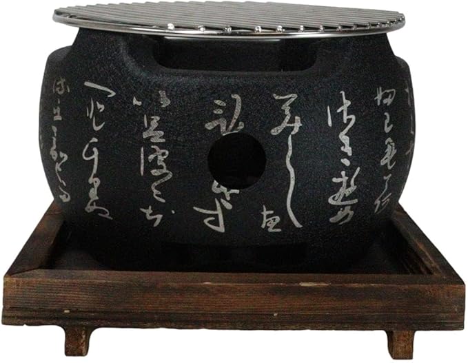 Ebros Gift Japanese Cuisine Tabletop Shichirin Konro Compact Movable Charcoal Grill BBQ Aluminum Cooking Stove With Wire Mesh Grill And Wooden Trivet Base For Yakitori Hibachi Yakiniku